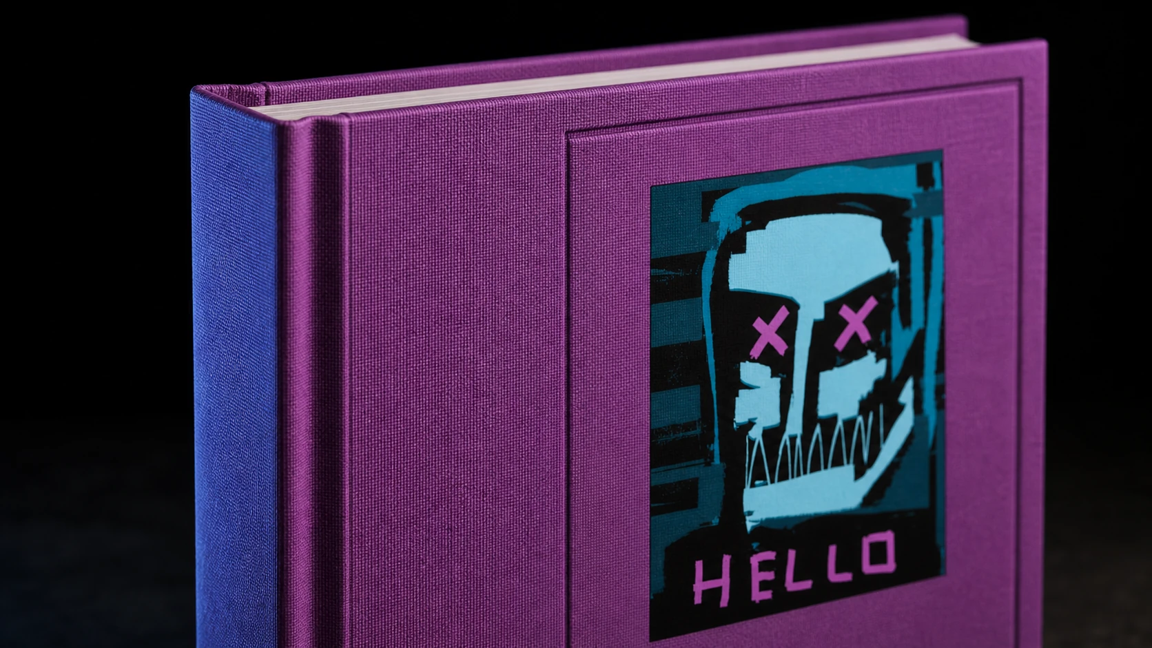 Close detail of the purple cloth XCOPY hardcover and inset cover artwork